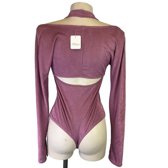 NWT FREE PEOPLE Women's Cut Out Bodysuit in Shimmery Dark Pink Medium Halter - Picture 4 of 7